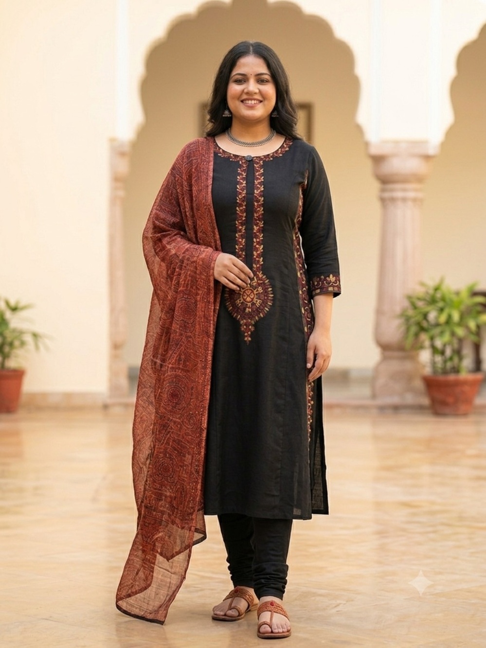 3pcs Embroidered Black Kurta with Red-Orange Accents with trouser